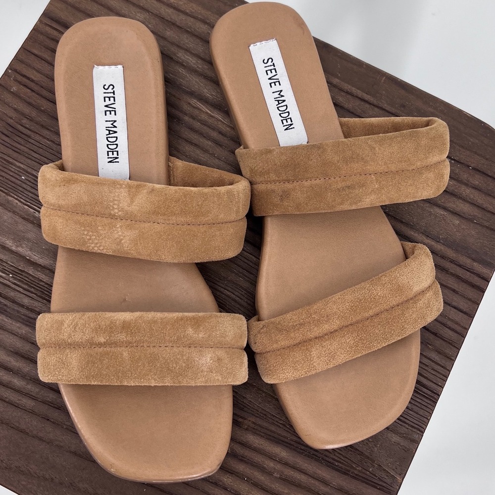 Steve‎ Madden Tan Suede Padded Two Strap Flat Slide Sandals 9